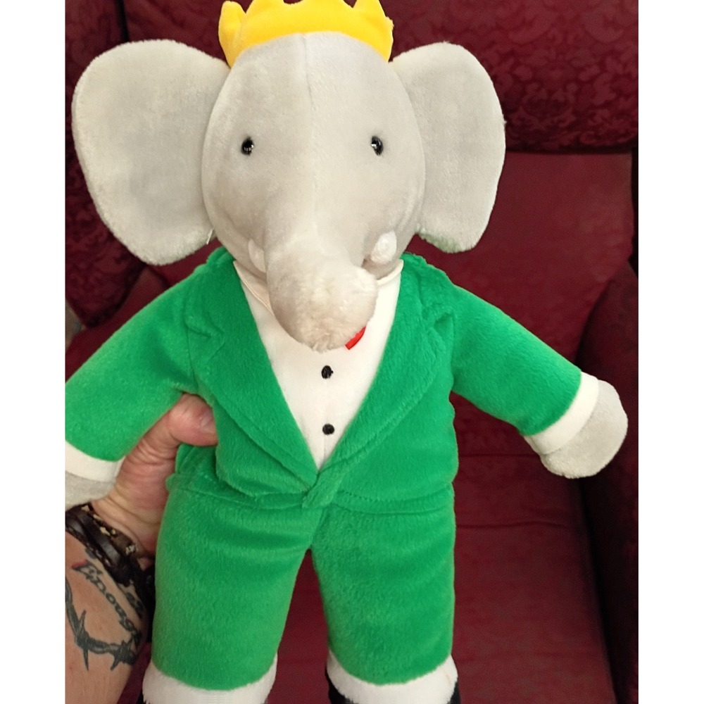 Babar the Elephant Plush Dakin Green Suit Yellow Crown Vintage Stuffed Toy 12"